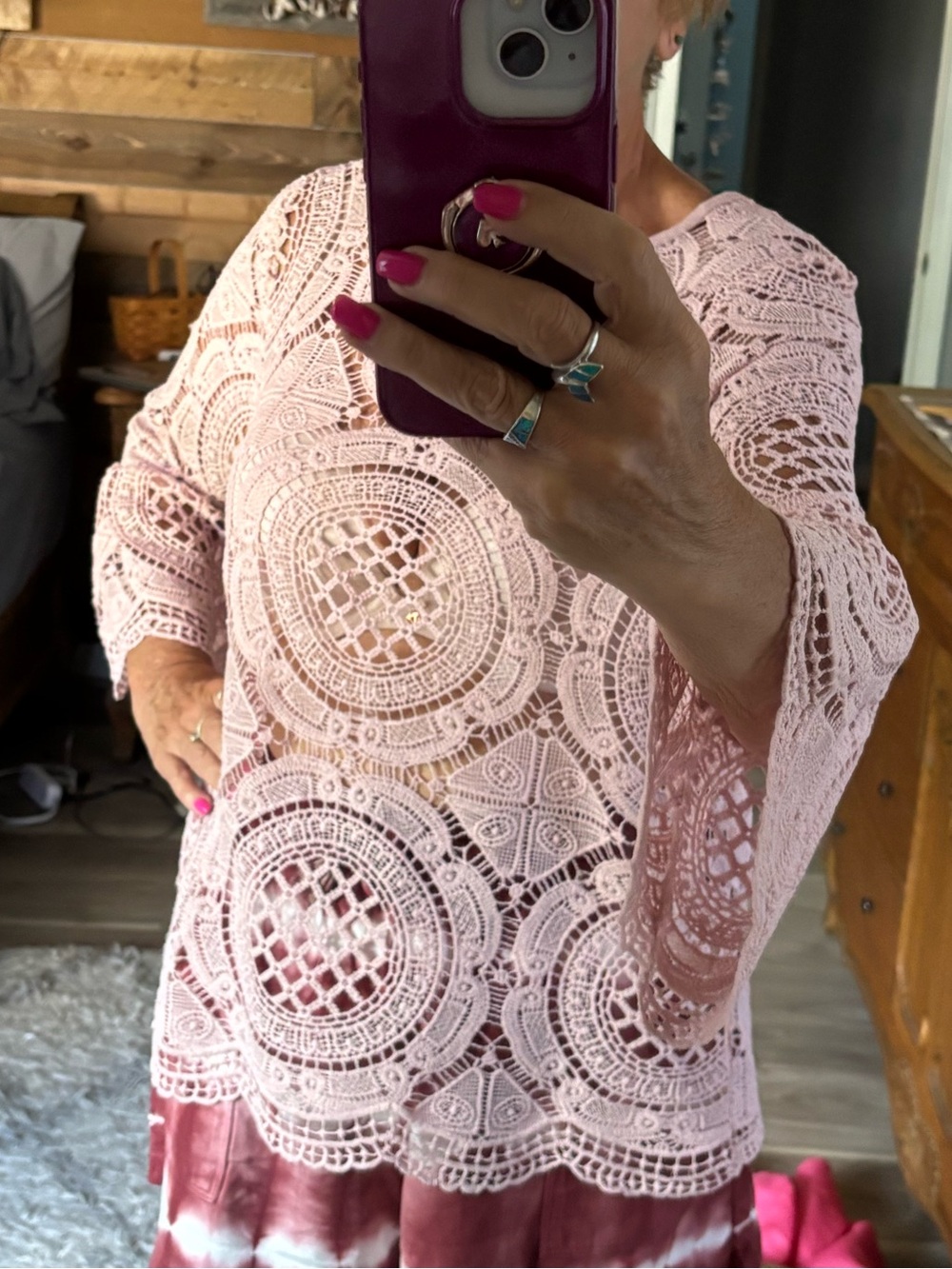 Lace Crochet Tunic Top in Light Blush Pink